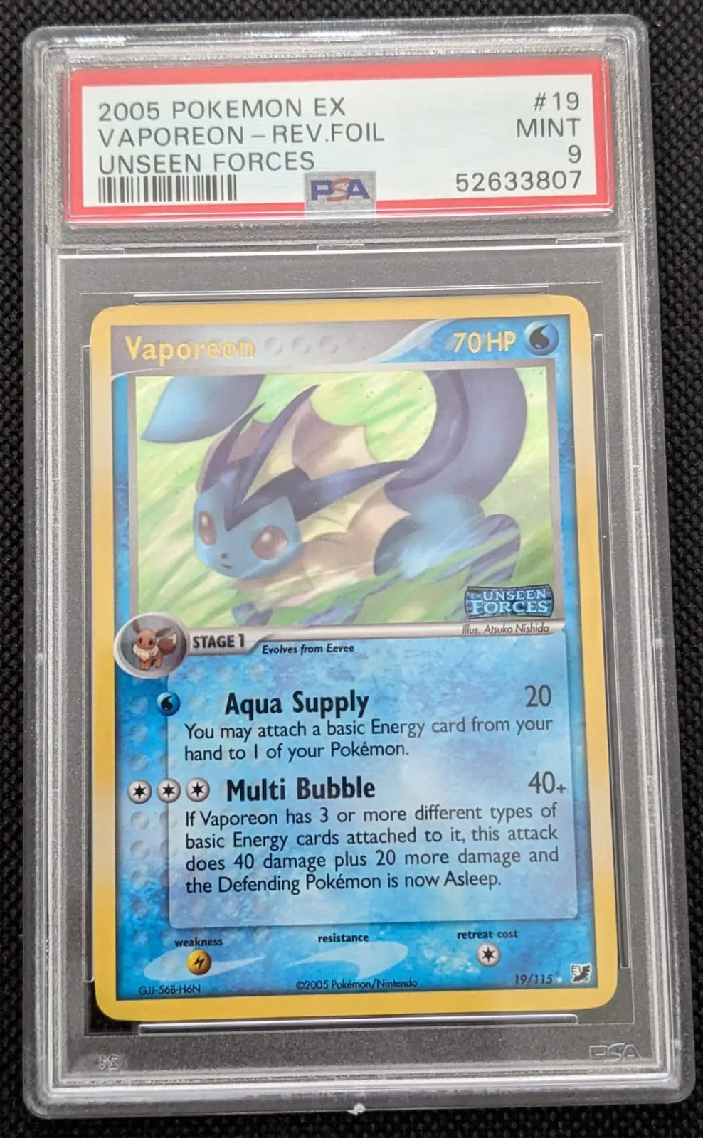 PSA 9 Goldstamp Holo Aquana Vaporen 19/115 Ex Verborgene Mächte Pokemon Karte English - Image #1