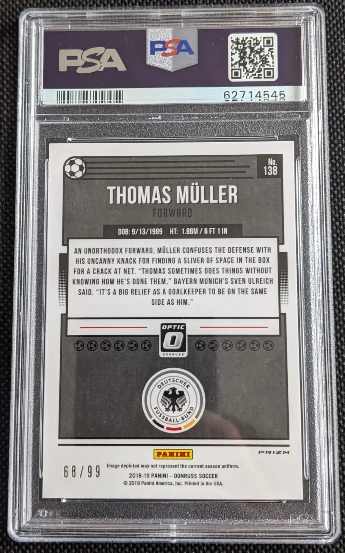 PSA 9 Thomas Müller Panini Fußball Donruss #138 Optic Orange Karte - Image #2