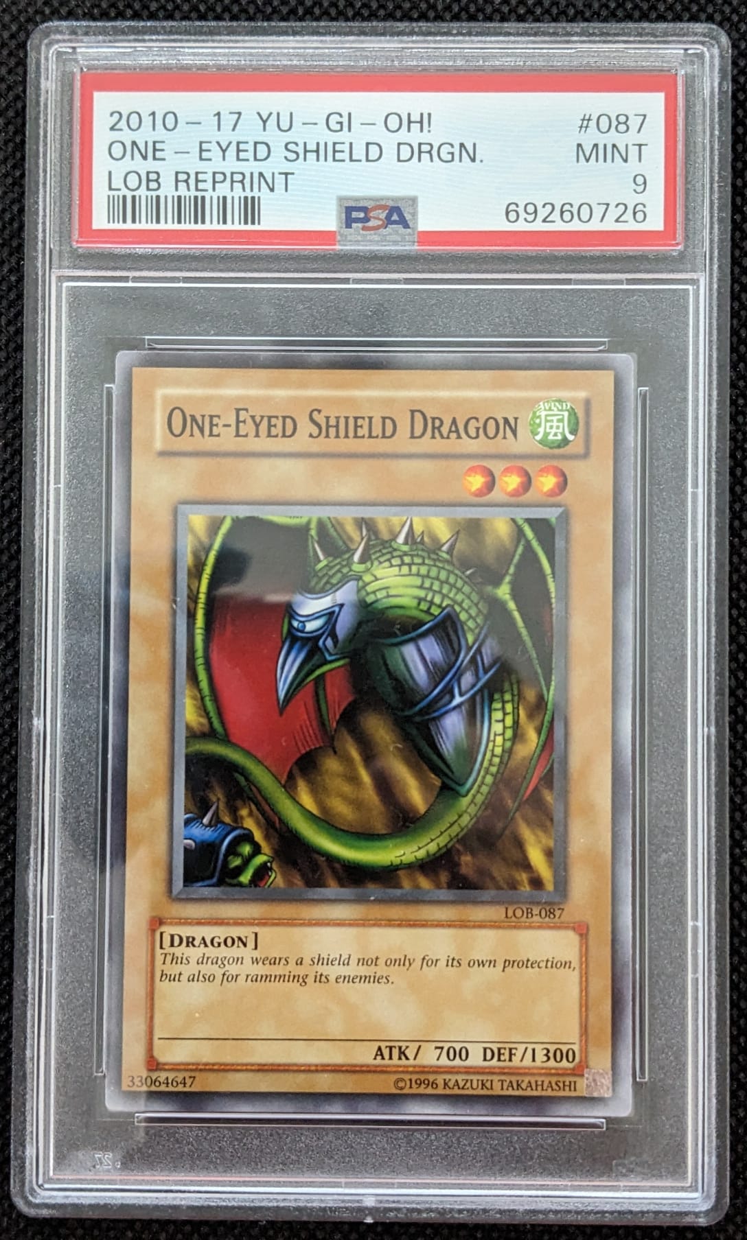 PSA 9 One – Eyed Shield Dragon LOB-087 Einäugiger Schilddrache Yu-Gi-Oh English