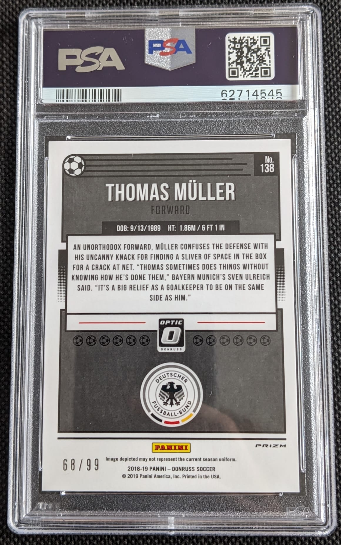 PSA 9 Thomas Müller Panini Fußball Donruss #138 Optic Orange Karte