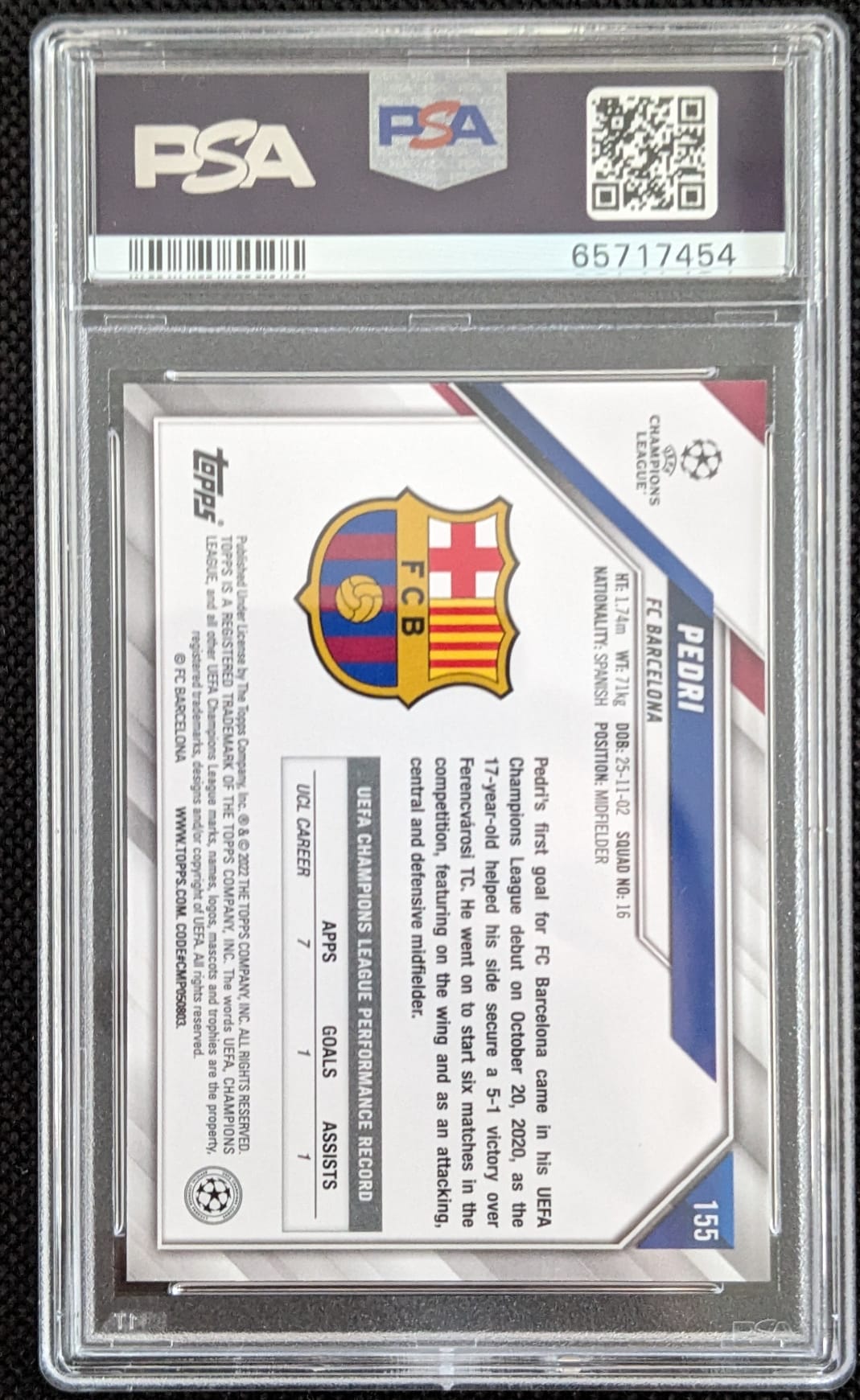 PSA 9 Pedri #155 2021 Topps UCL Rookie SP FC Barcelona Panini Fußball English