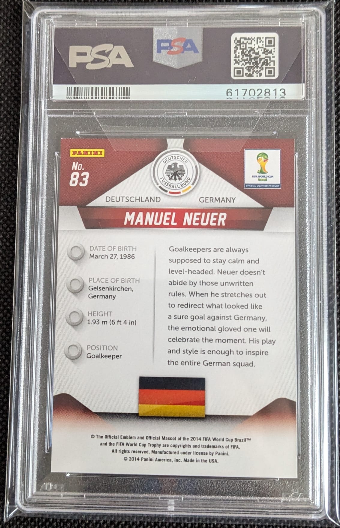 PSA 9 Manuel Neuer #83 2014 Prizm World Cup FC Bayern München Panini Fußball