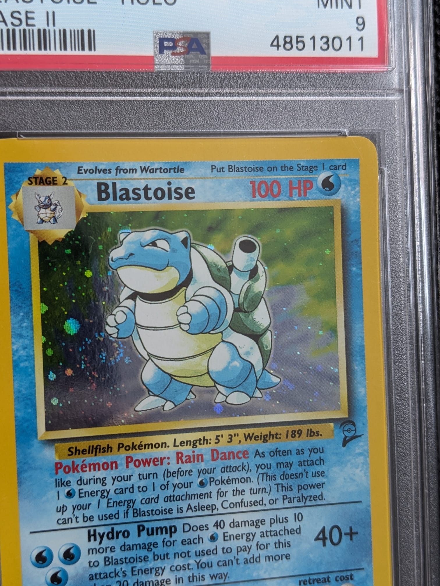 🌀 PSA 9 + Holo Swirl Turtok 2/130 Blastoise 2/102 Basis Set II Pokemon Karte English