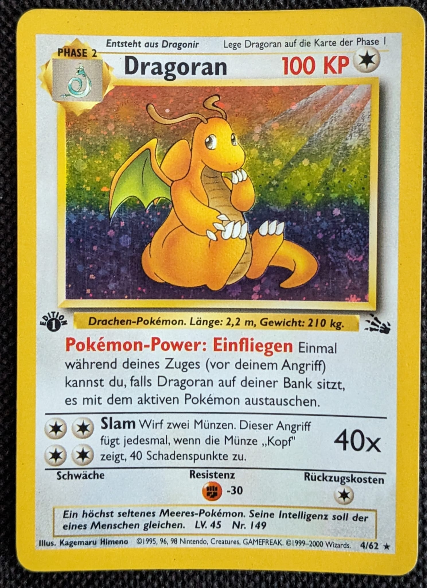 🌀Double Holo Swirl Unikat! Dragoran 4/62 1. Edition Dragonite Fossil Pokemon Karte Deutsch Excellent