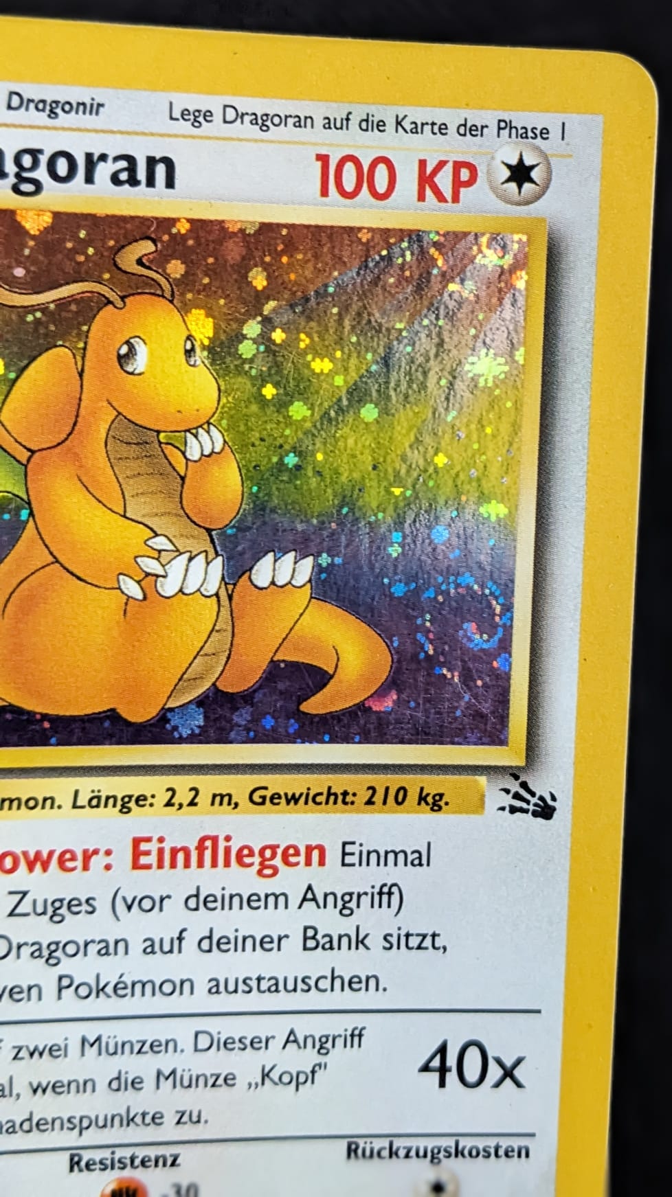 🌀Double Holo Swirl Unikat! Dragoran 4/62 1. Edition Dragonite Fossil Pokemon Karte Deutsch Excellent