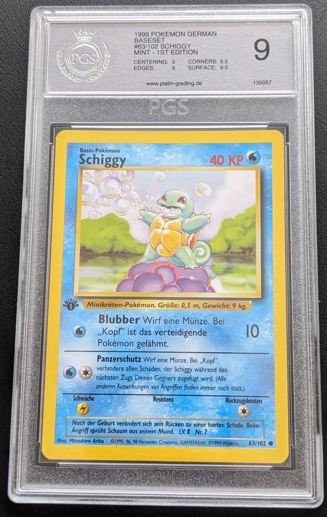 PGS 9 1. Edition Schiggy 63/102 1999 Basis Base Set Squirtle Pokemon Karte Deutsch