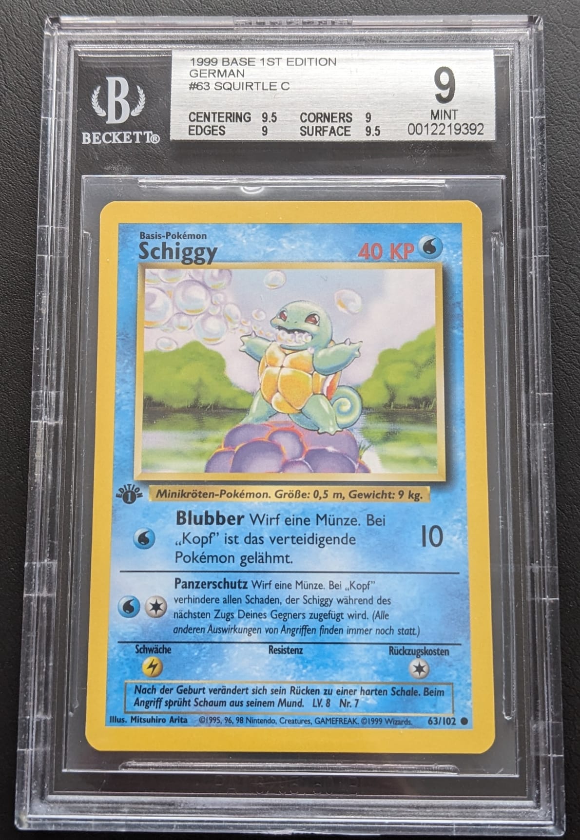 BGS 9 1. Edition Schiggy 63/102 1999 Basis Set Squirtle Pokemon Karte Deutsch