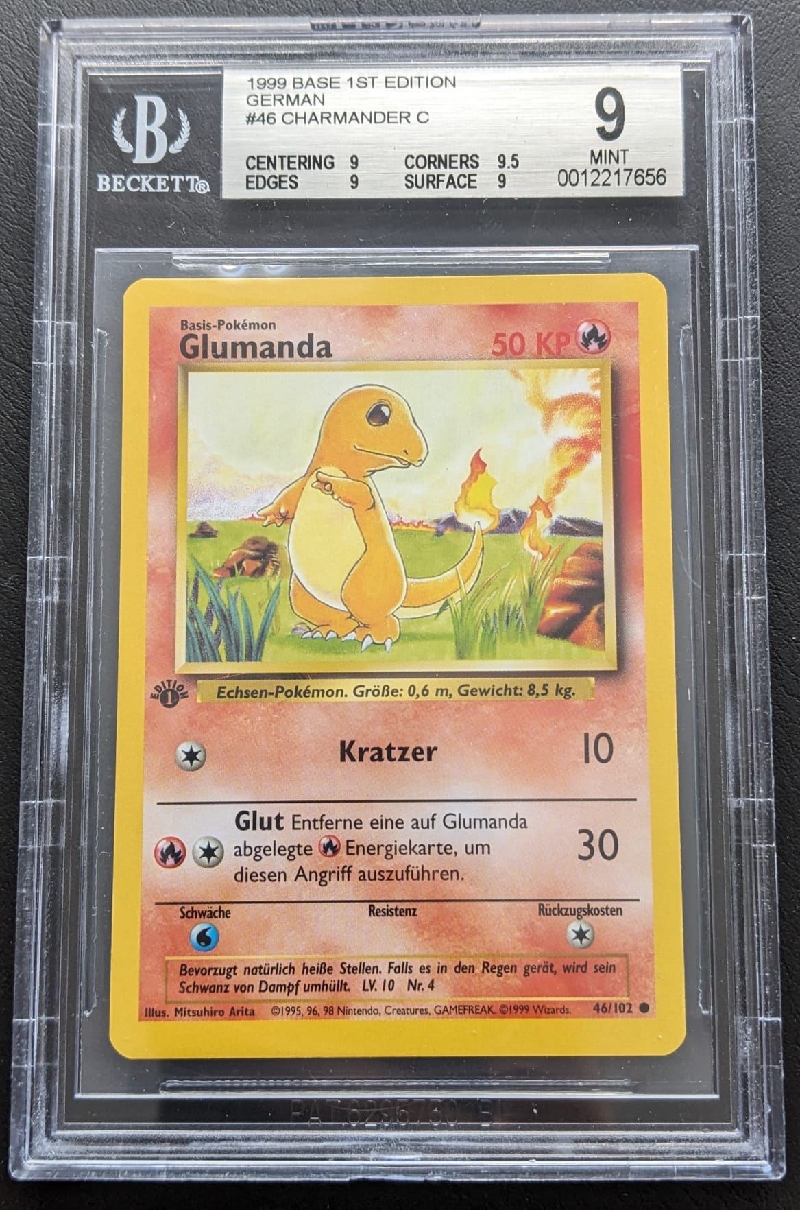 BGS 9 1. Edition Glumanda 46/102 Basis Set Charmander Pokemon Karte Deutsch