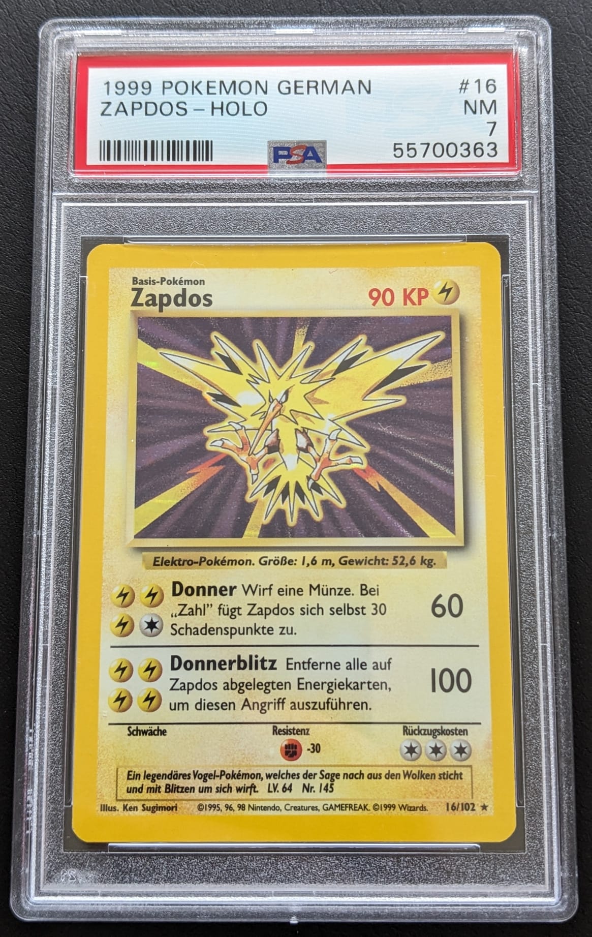 PSA 7 Zapdos 16/102 Basis Set 1999 Holo Deutsch Pokemon Karte