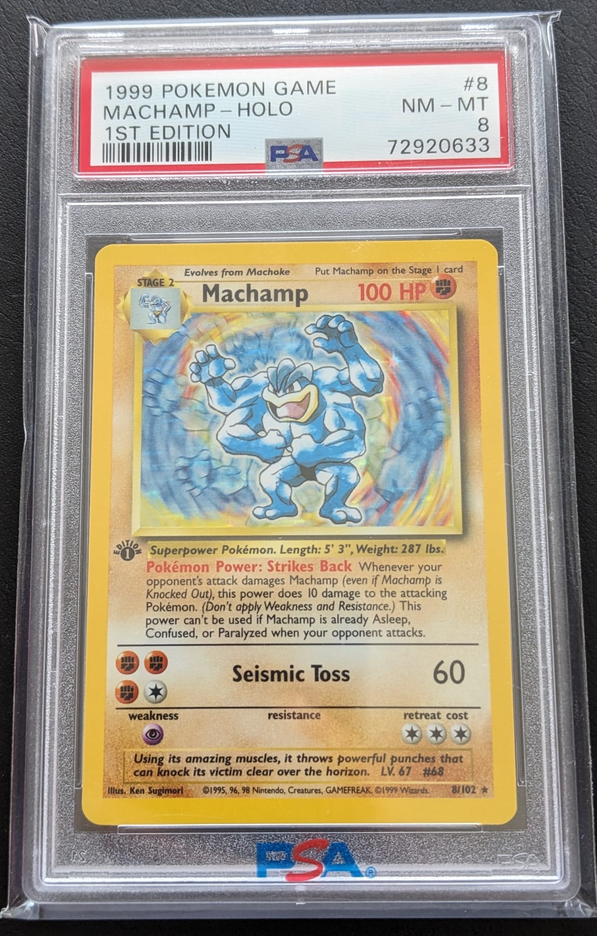 PSA 8 + 1. Edition Machomei 8/102 Pokemon Karte Base Set Machamp English