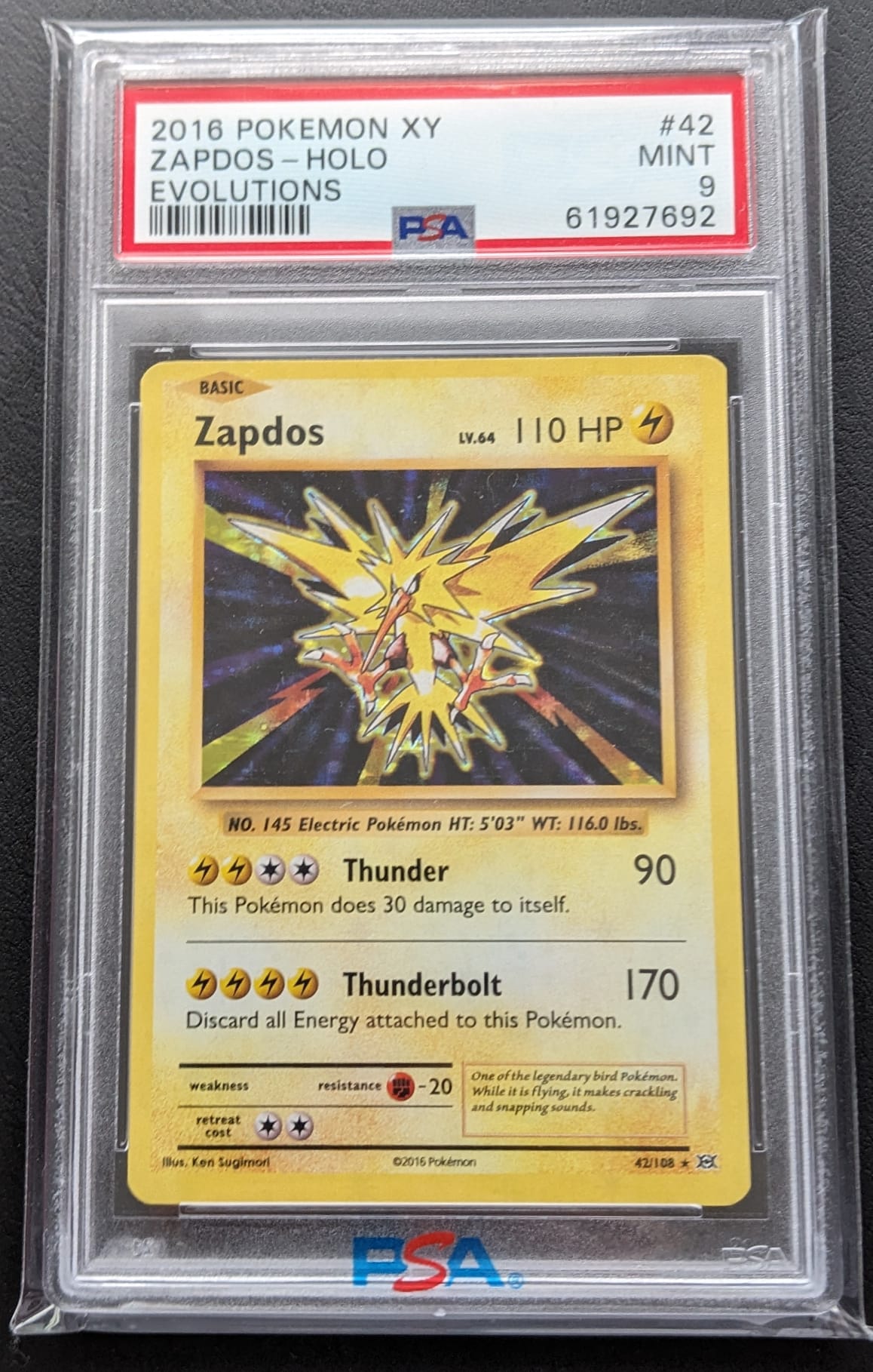 PSA 9 Zapdos 42/108 Holo Evolutions XY 2016 Pokemon Karte English