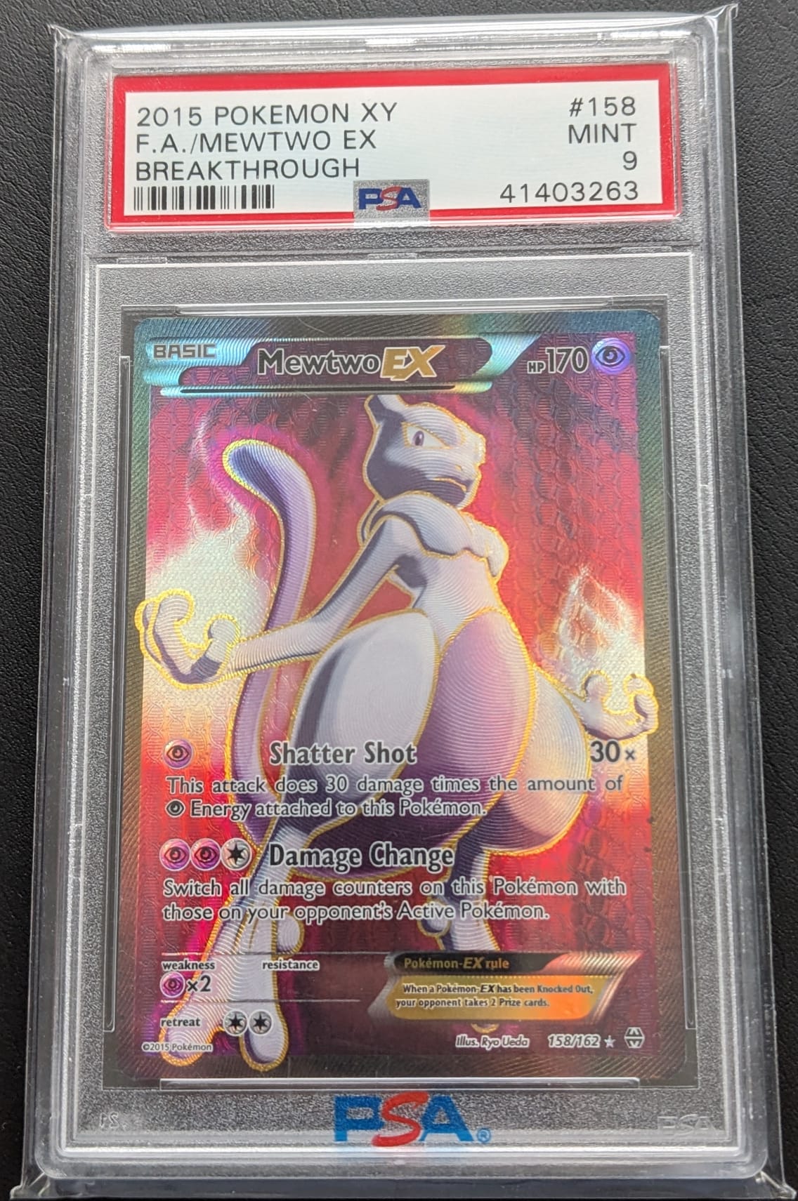 PSA 9 Mewtu EX 158/162 Mewtwo 2015 Breakthrough TURBOstart Fullart English