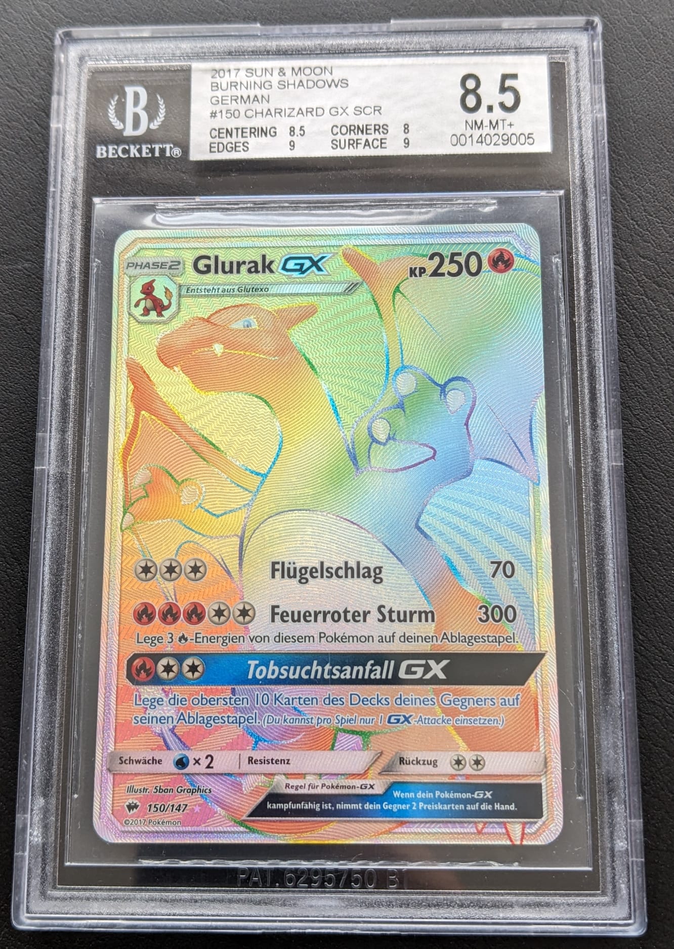 BGS 8,5 Rainbow Glurak GX 150/147 Deutsch Charizard Pokemon Secret Rare Nacht in Flammen