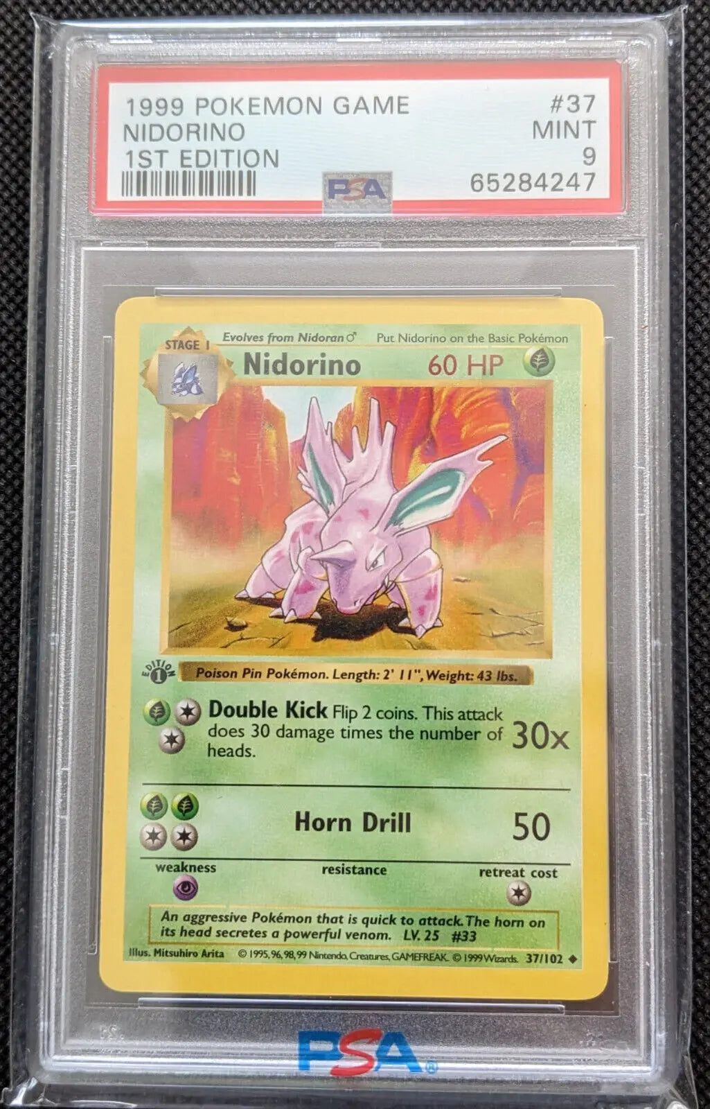 Shadowless! PSA 9 + 1. Edition Nidorino 37/102 Nidoking Basis Set Pokemon Karte English - Image #1