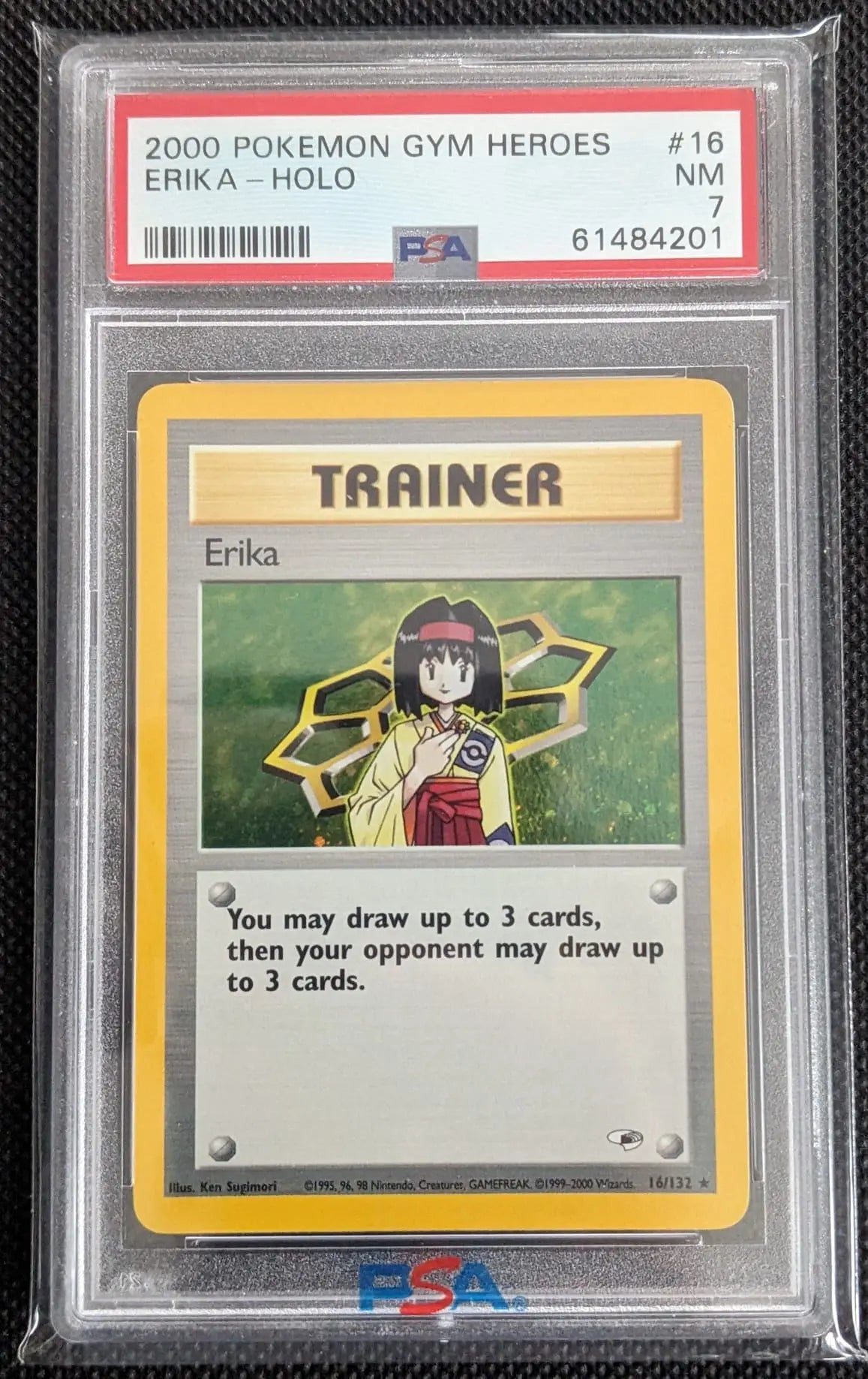 PSA 7 + 🌀 Holo Swirl Erika 16/132 Gym Heroes Pokemon Karte English - Image #1