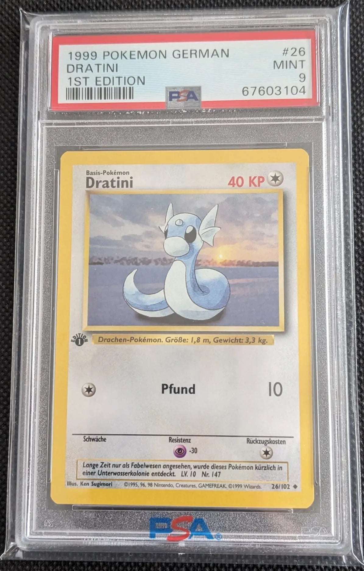 PSA 9 + 1. Edition Dratini 26/102 Pokemon Karte Basis Set Deutsch - Image #1