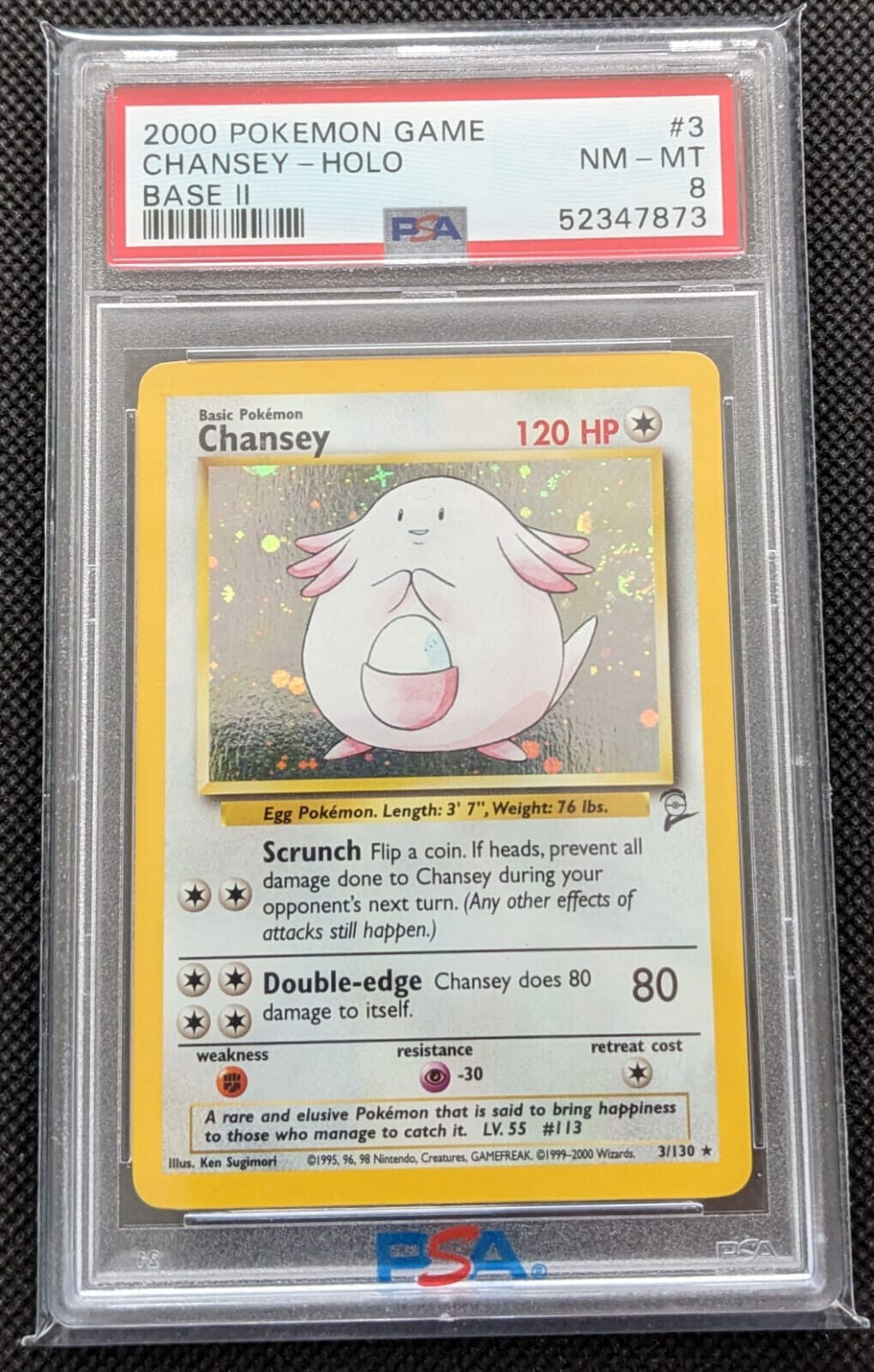 🌀 PSA 8 + Holo Swirl Chaneira 3/130 Chansey Basis Set II 3/102 Pokemon Karte