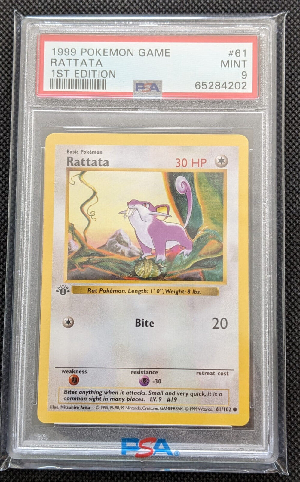 Shadowless! PSA 9 + 1. Edition Rattfratz 61/102 Rattata Basis Set Pokemon Karte Englisch