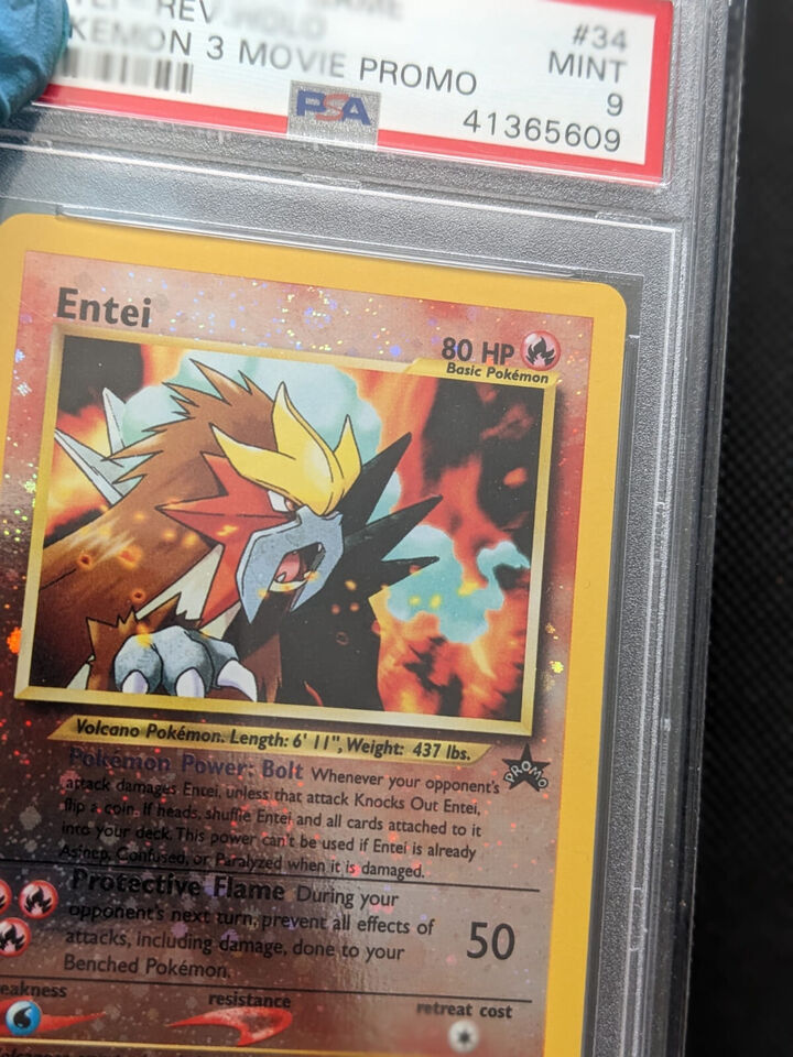 PSA 9 + 2x 🌀🌀Swirl Entei 34 Wizards Black Star Promo Reverse Holo Pokemon Karte